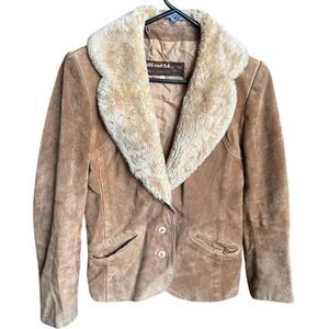 Vintage Split End Ltd. Leather Suede Tan Shearling‎ Collar Jacket Size 9/10 (S)